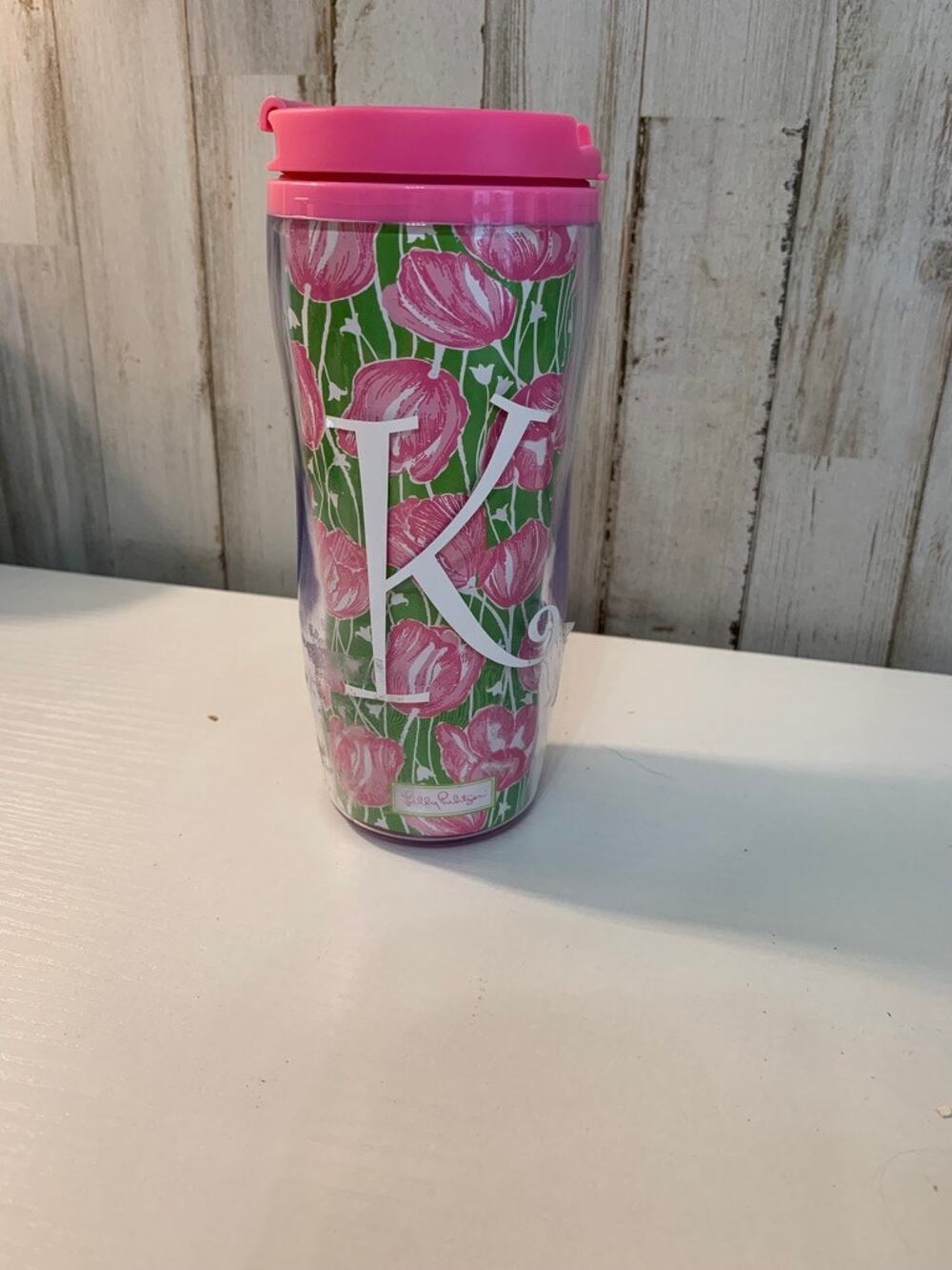 Lilly Pulitzer Travel Tumbler Cup Floral Monogram K Pink Lid 16 oz